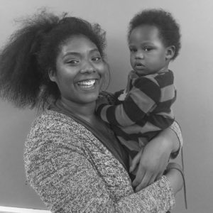 Alex black & white photo with her son